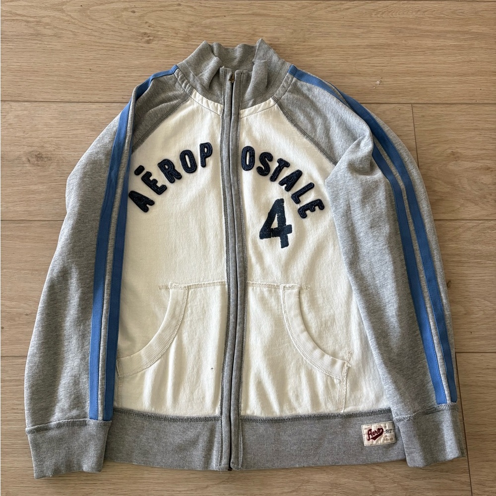 Vintage Aeropostale Sweatshirt Sweater full zip White Aero Blue Gray Size M